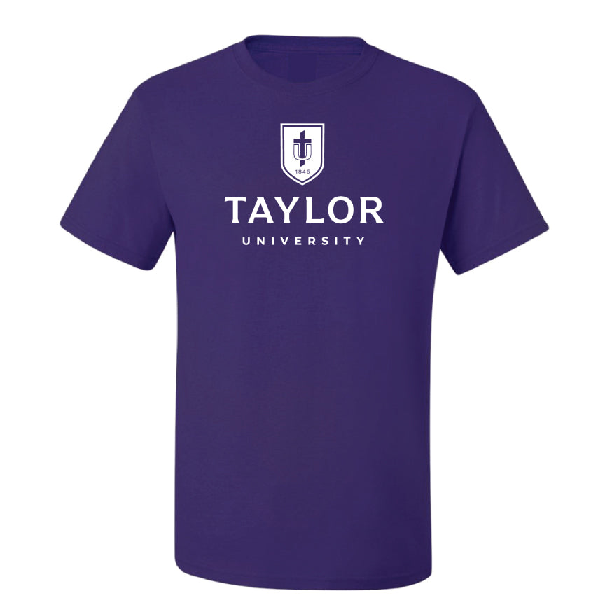 University 1 Color Stacked Shield Logo Short Sleeve Tee, Purple