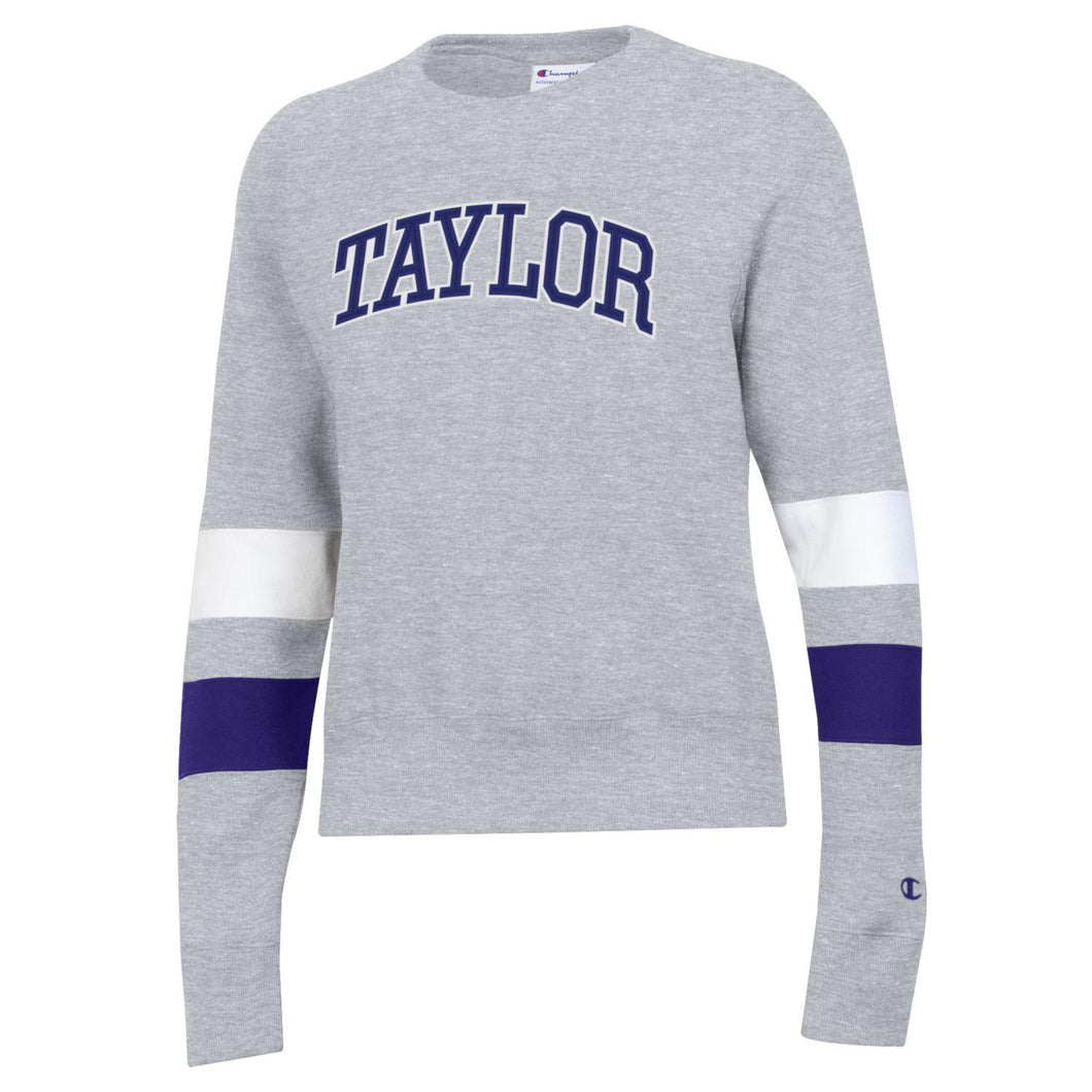 Champion Ladies Super Fan Blocked Sleeve Crewneck (C6022), Grey/White/Purple